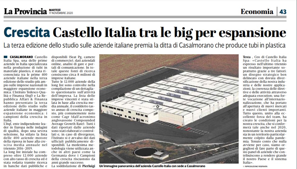 Articolo di giornale sullo stabilimento Castello Italia