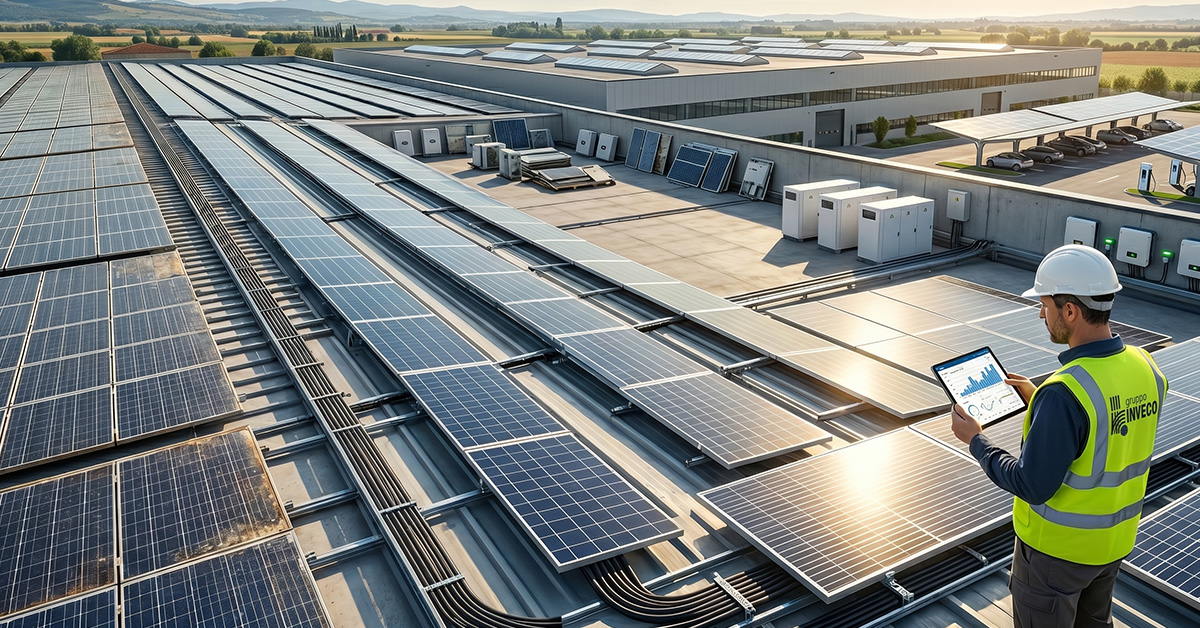 Ingegnere che esegue analisi dei dati su un impianto fotovoltaico industriale in fase di revamping